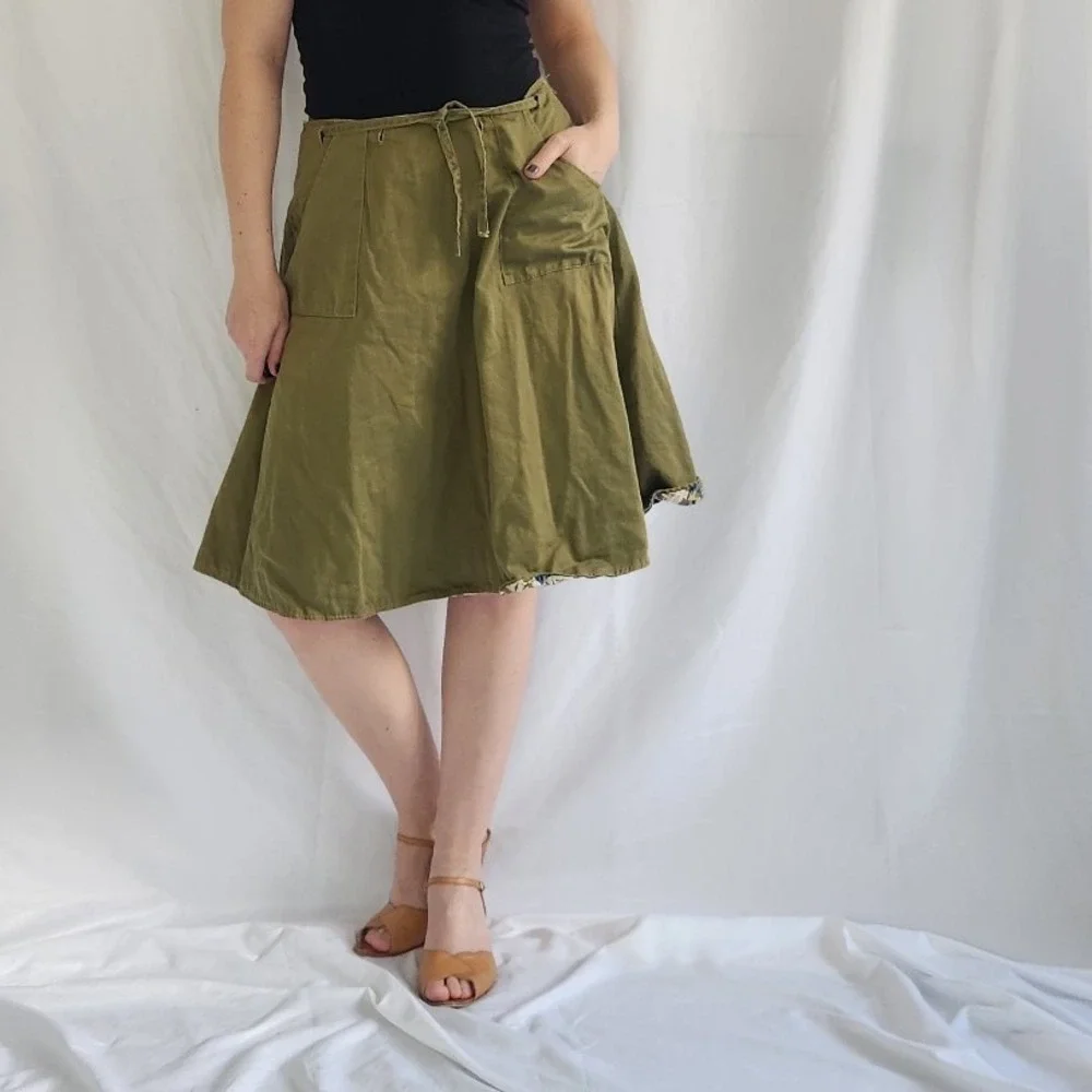 70s Green and Blue Floral Reversible Wrap Skirt‎